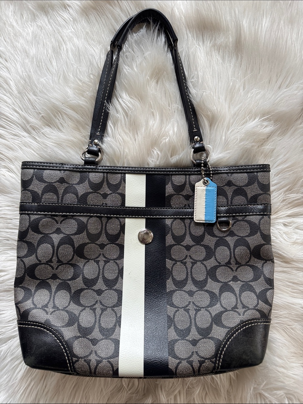 2008 Coach Chelsea Heritage Stripe Tote Bag Grey & White